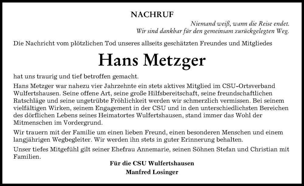  Traueranzeige für Hans Metzger vom 05.12.2023 aus Friedberger Allgemeine