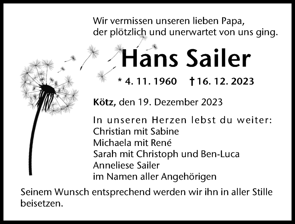  Traueranzeige für Hans Sailer vom 19.12.2023 aus Günzburger Zeitung