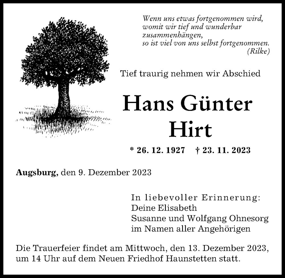  Traueranzeige für Hans Günter Hirt vom 09.12.2023 aus Augsburger Allgemeine