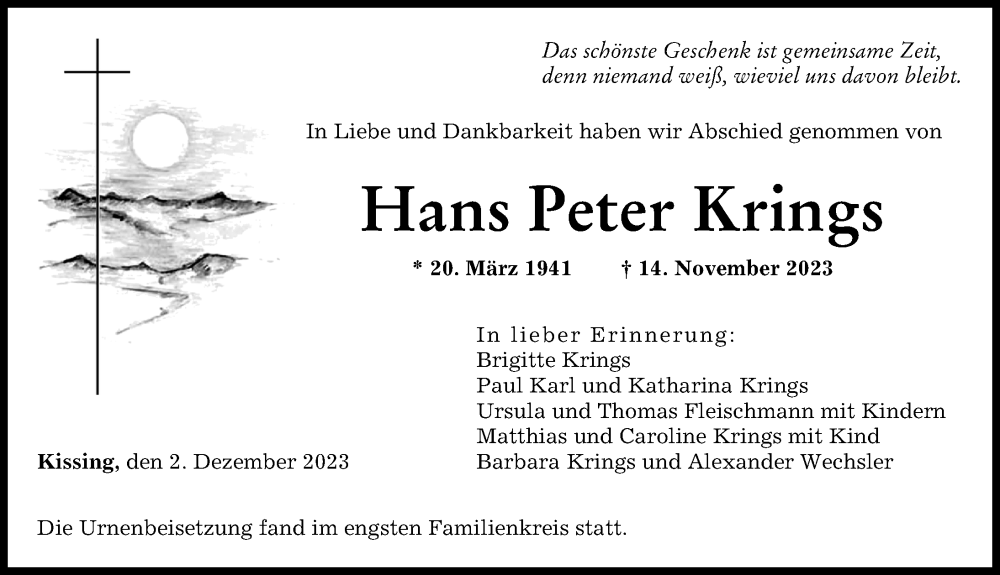  Traueranzeige für Hans Peter Krings vom 02.12.2023 aus Augsburger Allgemeine