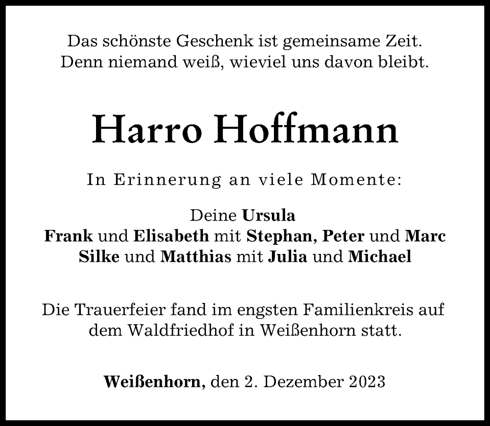  Traueranzeige für Harro Hoffmann vom 02.12.2023 aus Neu-Ulmer Zeitung