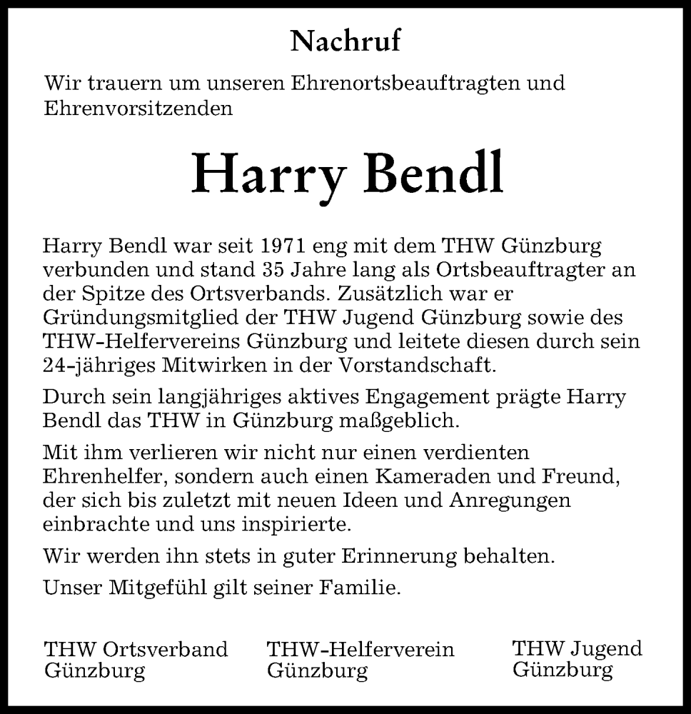 Traueranzeige von Harry Bendl von Günzburger Zeitung
