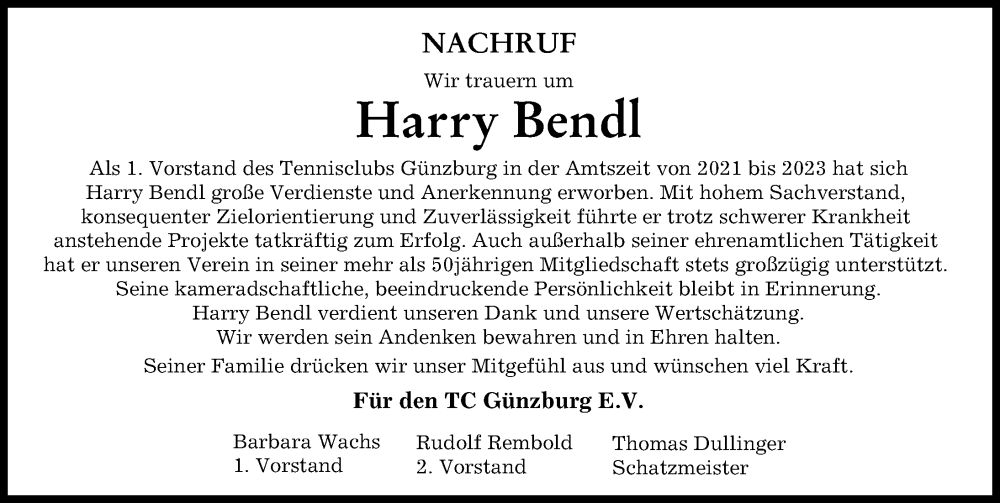  Traueranzeige für Harry Bendl vom 16.12.2023 aus Günzburger Zeitung