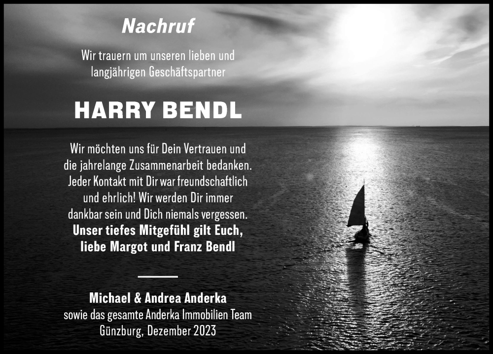  Traueranzeige für Harry Bendl vom 23.12.2023 aus Günzburger Zeitung