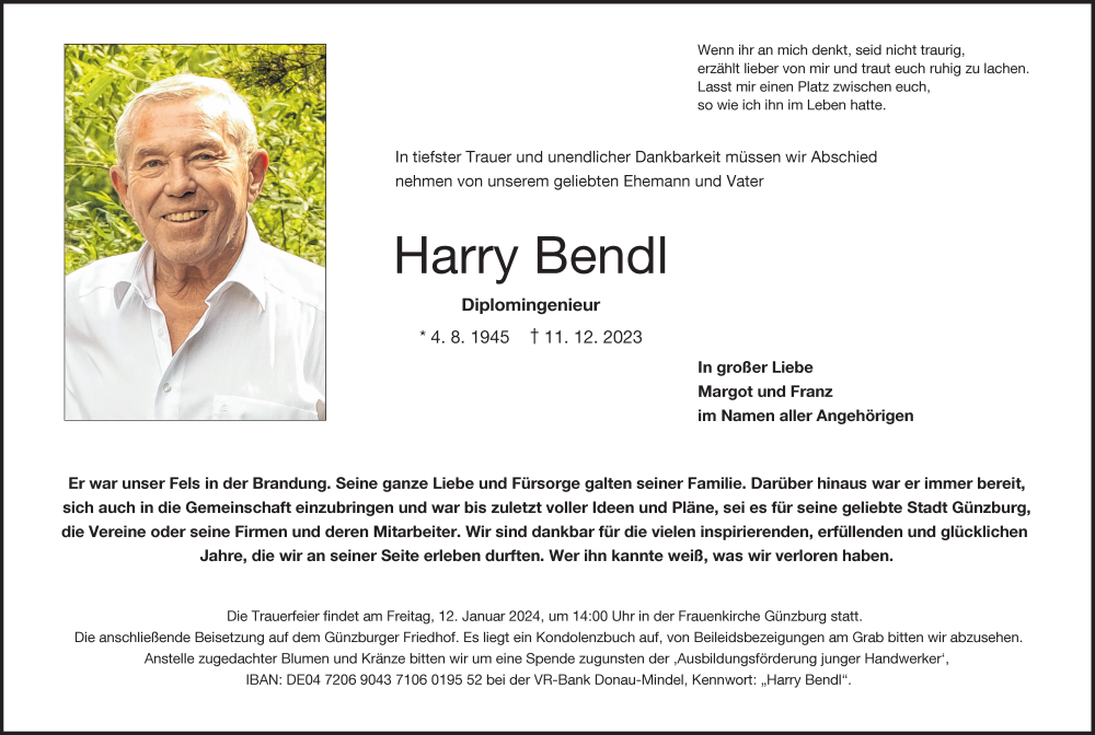 Traueranzeige von Harry Bendl von Augsburger Allgemeine