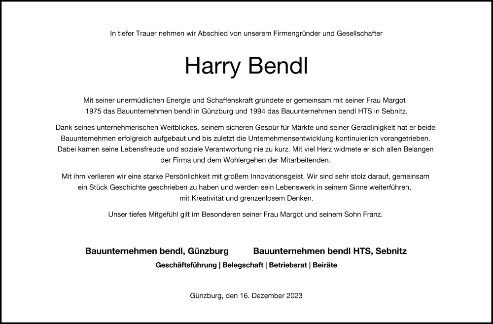  Traueranzeige für Harry Bendl vom 16.12.2023 aus Augsburger Allgemeine
