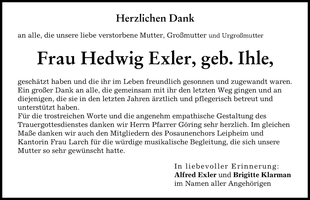 Traueranzeige von Hedwig Exler von Günzburger Zeitung