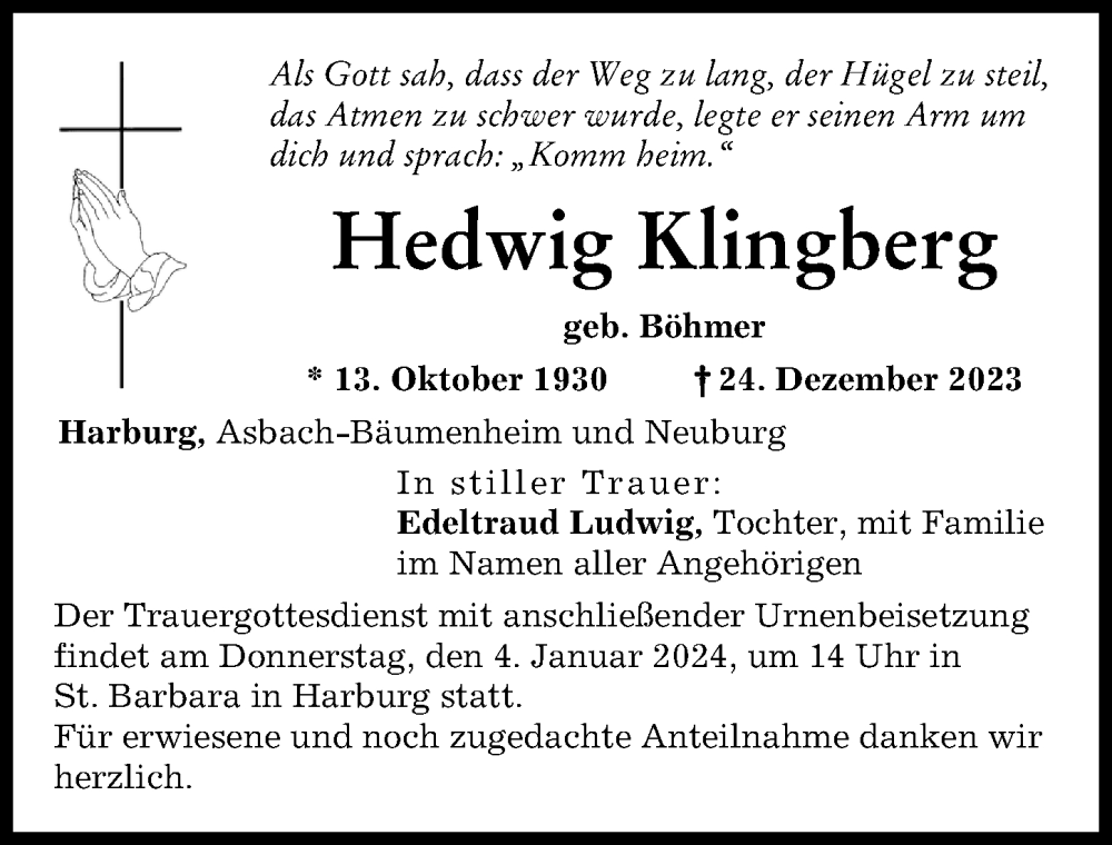 Traueranzeige von Hedwig Klingberg von Neuburger Rundschau, Donauwörther Zeitung