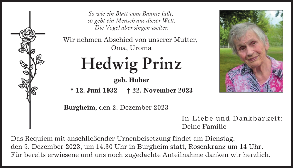  Traueranzeige für Hedwig Prinz vom 02.12.2023 aus Neuburger Rundschau