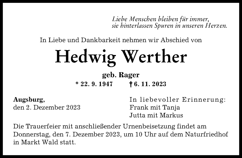  Traueranzeige für Hedwig Werther vom 02.12.2023 aus Augsburger Allgemeine