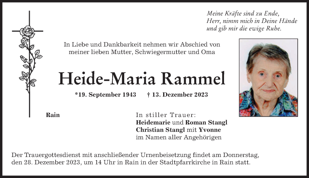 Traueranzeige von Heide-Maria Rammel von Donauwörther Zeitung