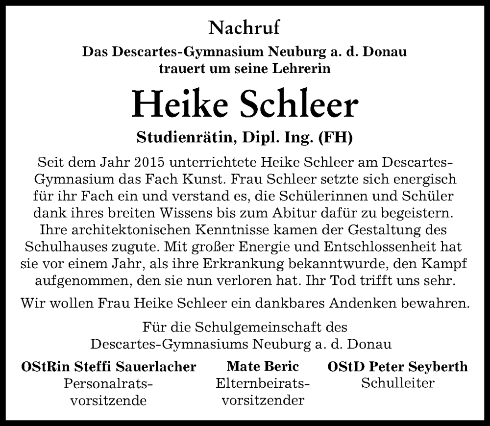 Traueranzeige von Heike Schleer von Neuburger Rundschau