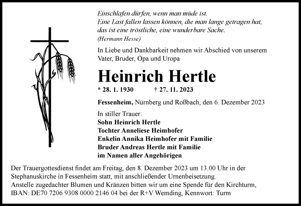  Traueranzeige für Heinrich Hertle vom 06.12.2023 aus Rieser Nachrichten
