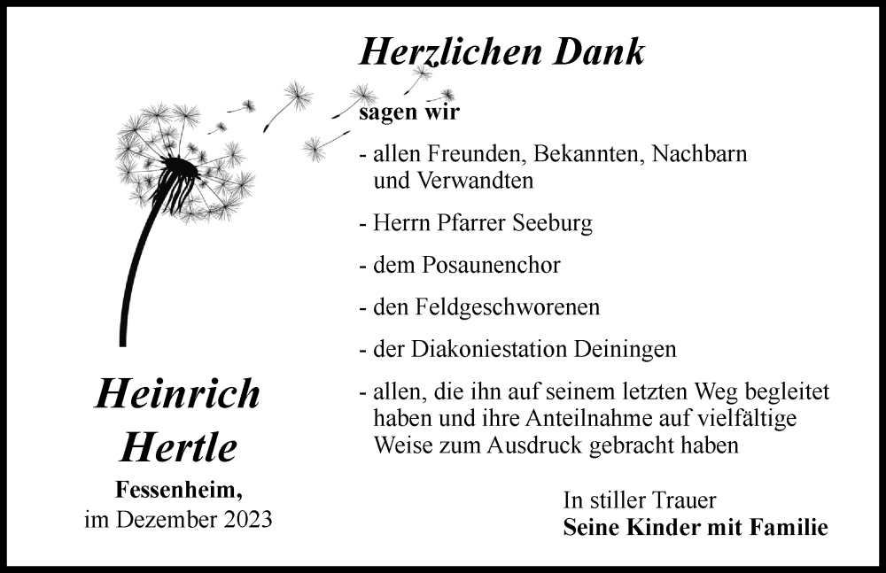  Traueranzeige für Heinrich Hertle vom 15.12.2023 aus Rieser Nachrichten