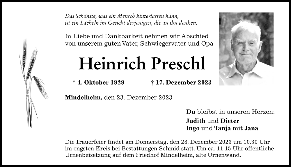 Traueranzeige von Heinrich Preschl von Mindelheimer Zeitung