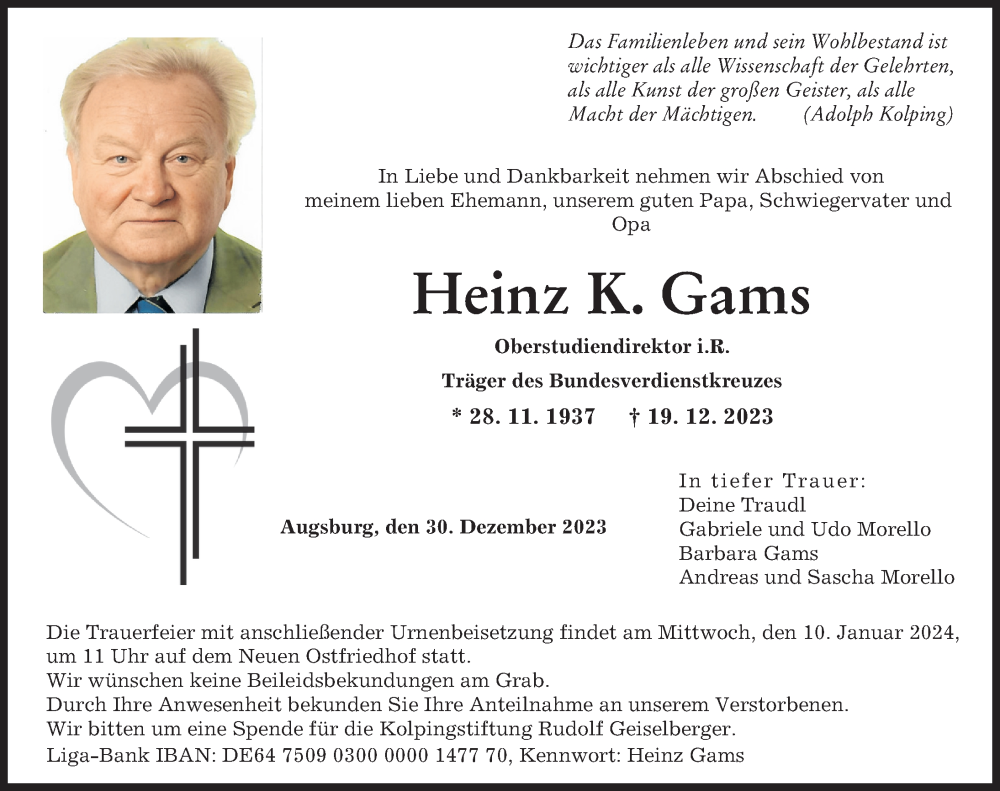 Traueranzeige von Heinz K. Gams von Augsburger Allgemeine