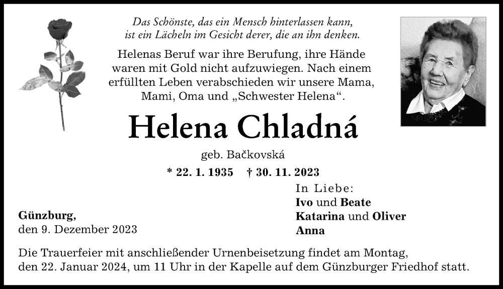  Traueranzeige für Helena Chladna vom 09.12.2023 aus Günzburger Zeitung
