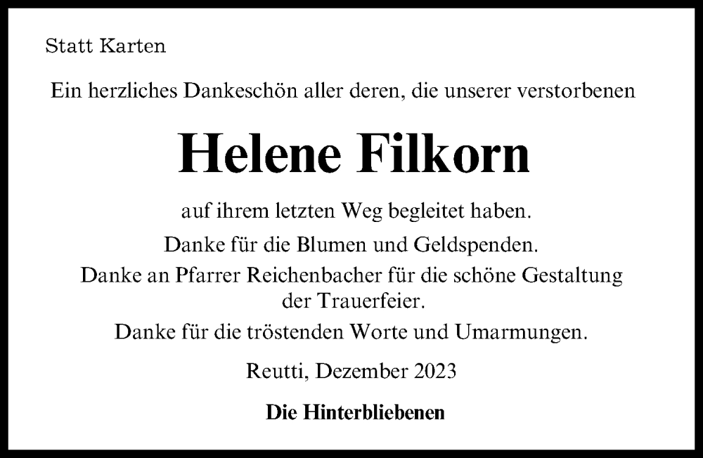  Traueranzeige für Helene Filkorn vom 15.12.2023 aus Neu-Ulmer Zeitung