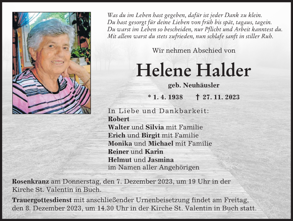  Traueranzeige für Helene Halder vom 06.12.2023 aus Illertisser Zeitung