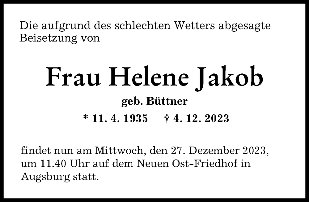 Traueranzeige von Helene Jakob von Augsburger Allgemeine