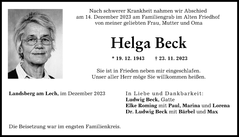 Traueranzeige von Helga Beck von Landsberger Tagblatt