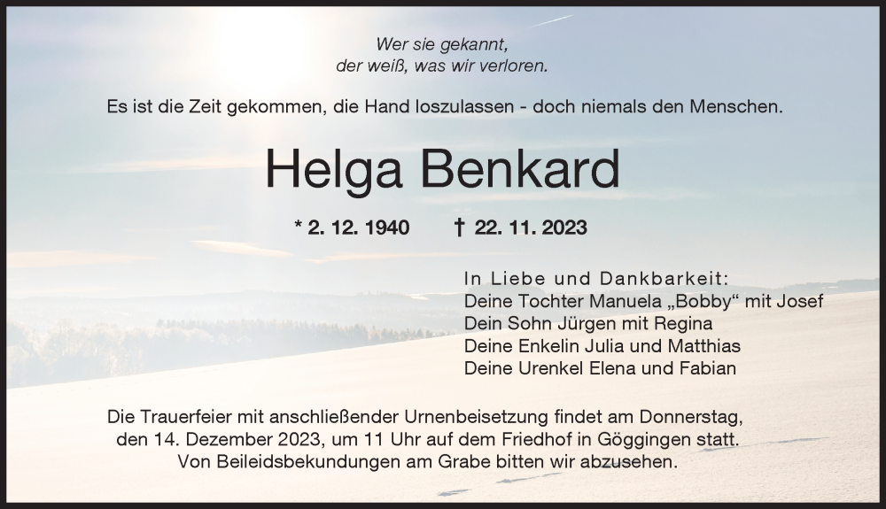  Traueranzeige für Helga Benkard vom 09.12.2023 aus Augsburger Allgemeine