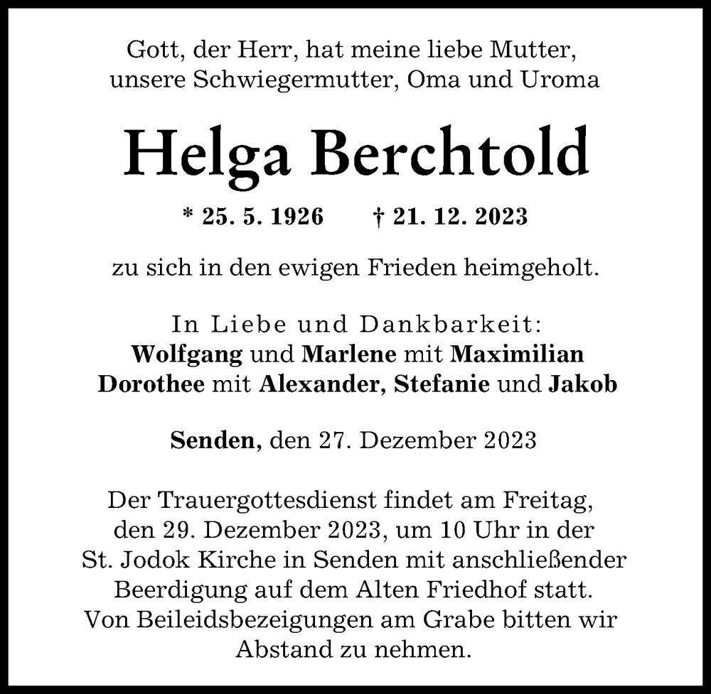 Traueranzeige von Helga Berchtold von Neu-Ulmer Zeitung