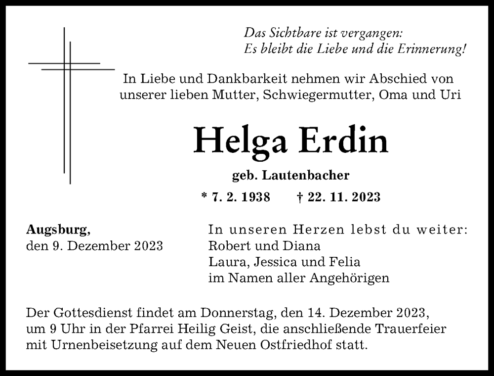  Traueranzeige für Helga Erdin vom 09.12.2023 aus Augsburger Allgemeine