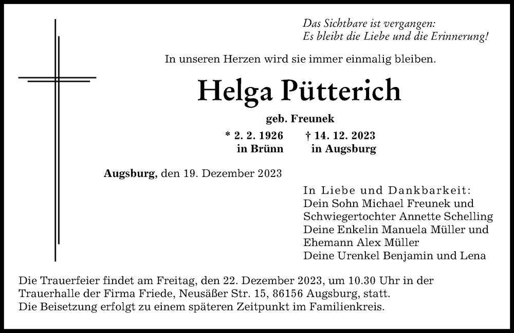 Traueranzeige von Helga Pütterich von Augsburger Allgemeine