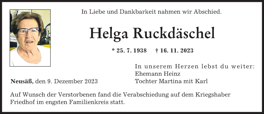  Traueranzeige für Helga Ruckdäschel vom 09.12.2023 aus Augsburger Allgemeine
