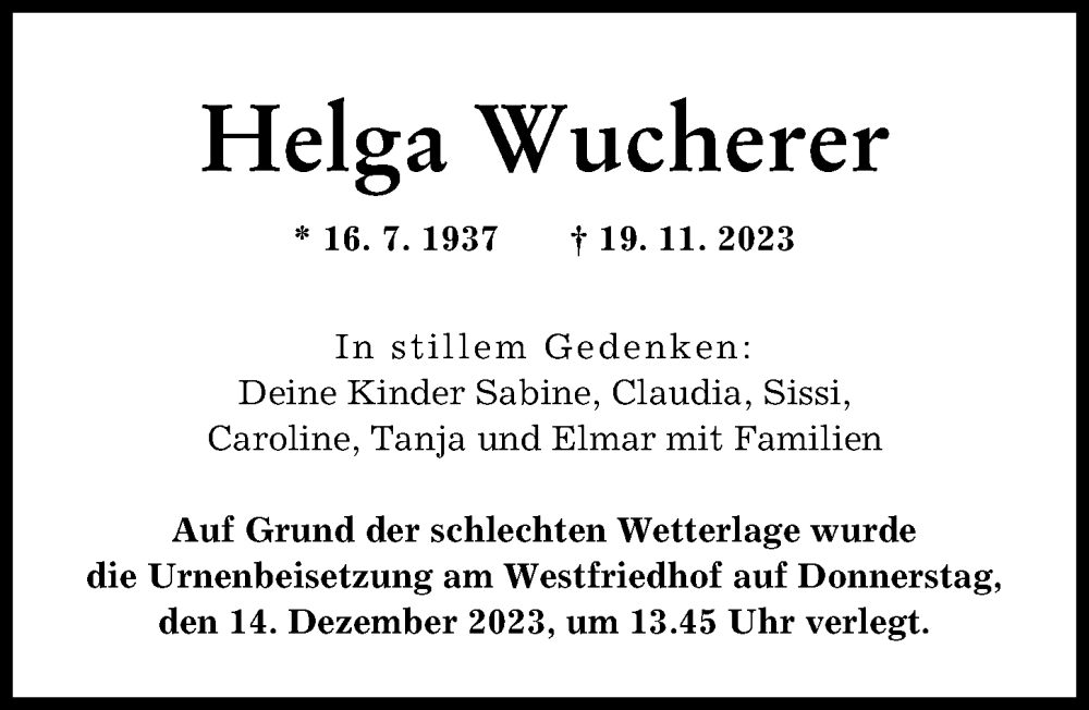  Traueranzeige für Helga Wucherer vom 09.12.2023 aus Augsburger Allgemeine