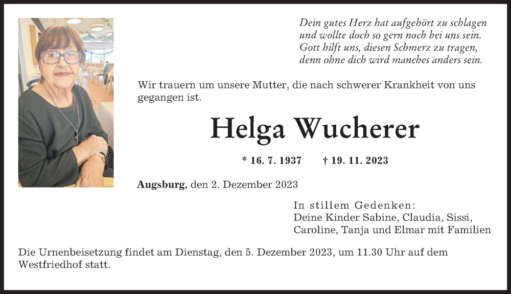  Traueranzeige für Helga Wucherer vom 02.12.2023 aus Augsburger Allgemeine