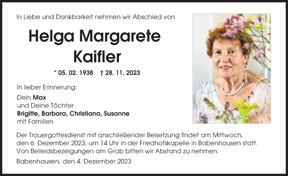  Traueranzeige für Helga Margarete Kaifler vom 04.12.2023 aus Illertisser Zeitung