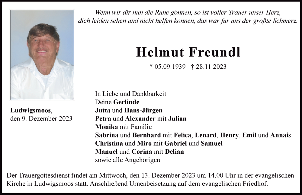  Traueranzeige für Helmut Freundl vom 09.12.2023 aus Neuburger Rundschau