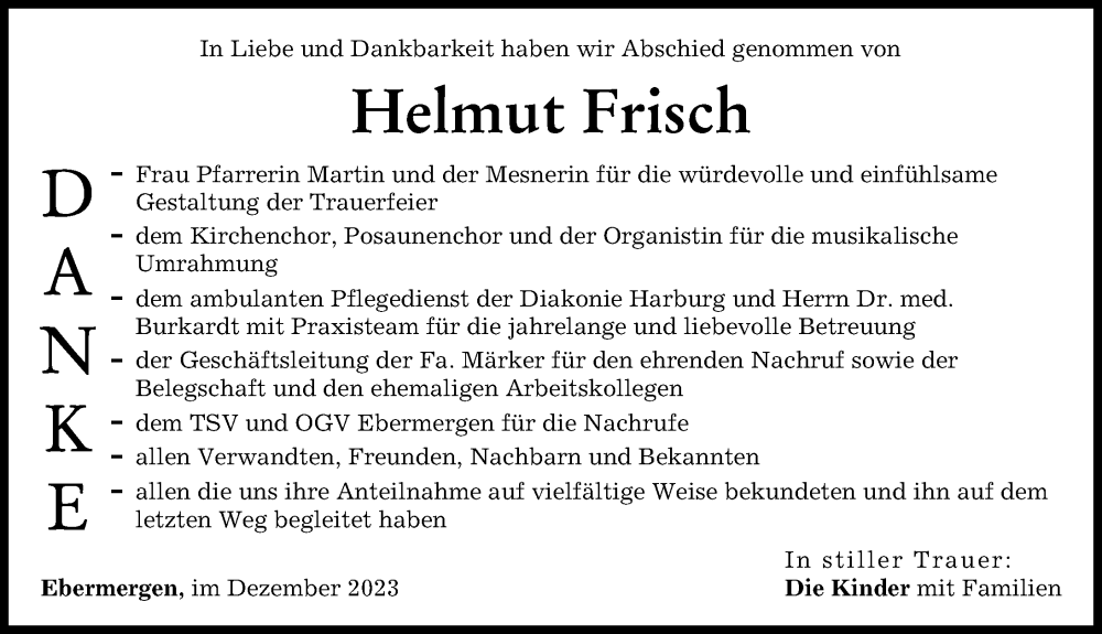  Traueranzeige für Helmut Frisch vom 22.12.2023 aus Donauwörther Zeitung