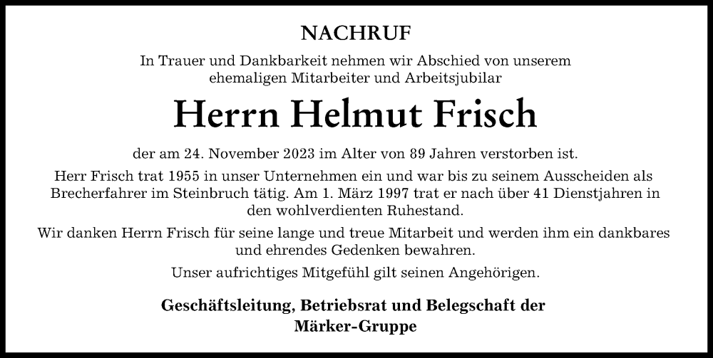  Traueranzeige für Helmut Frisch vom 06.12.2023 aus Donauwörther Zeitung