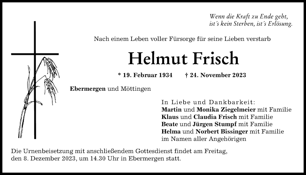  Traueranzeige für Helmut Frisch vom 06.12.2023 aus Rieser Nachrichten, Donauwörther Zeitung