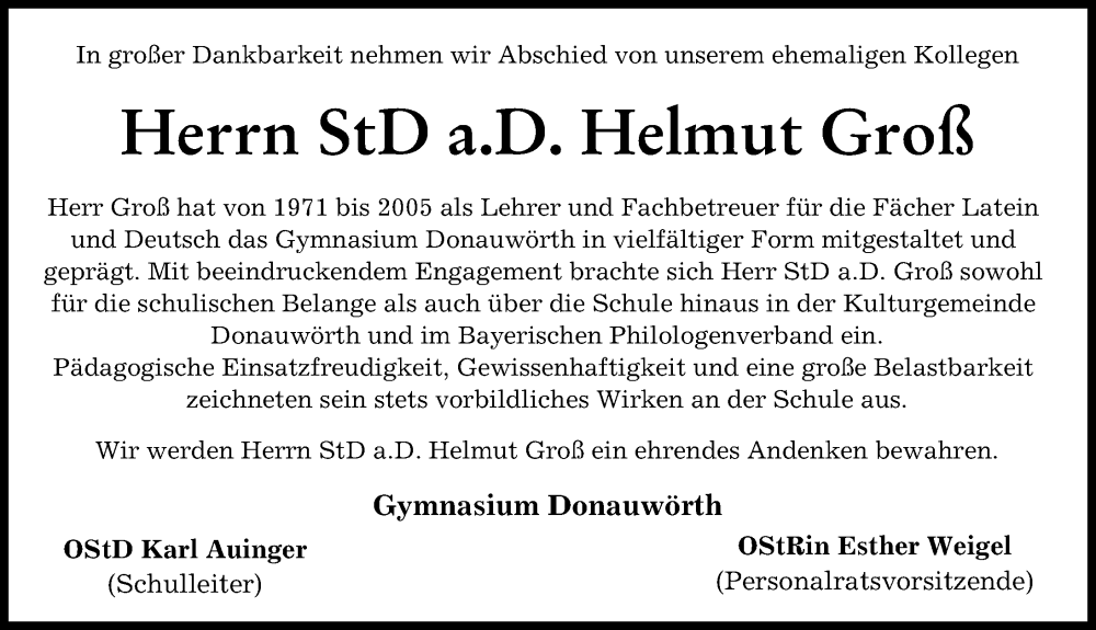 Traueranzeige von Helmut Groß von Donauwörther Zeitung