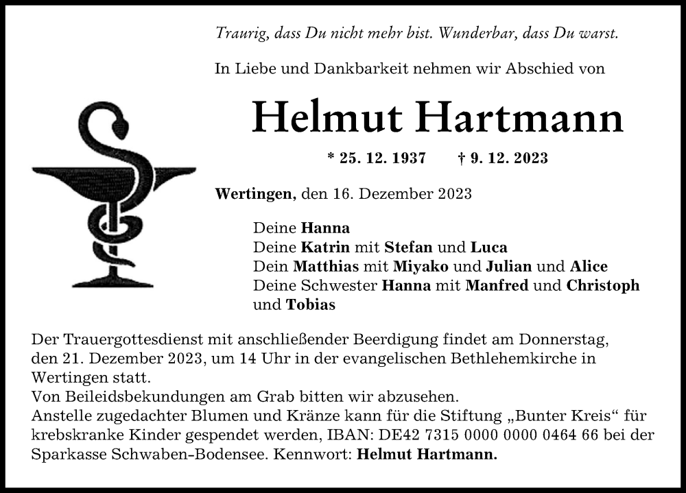 Traueranzeige von Helmut Hartmann von Wertinger Zeitung