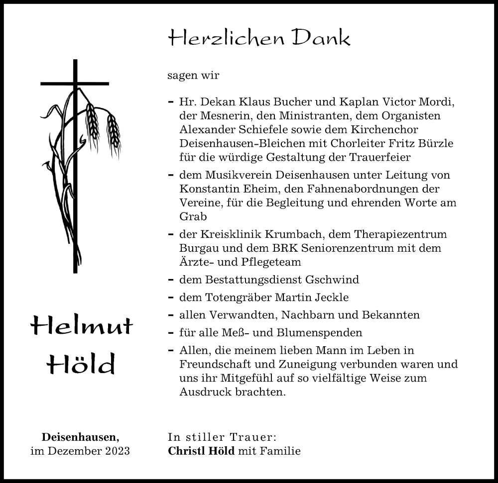  Traueranzeige für Helmut Höld vom 16.12.2023 aus Mittelschwäbische Nachrichten