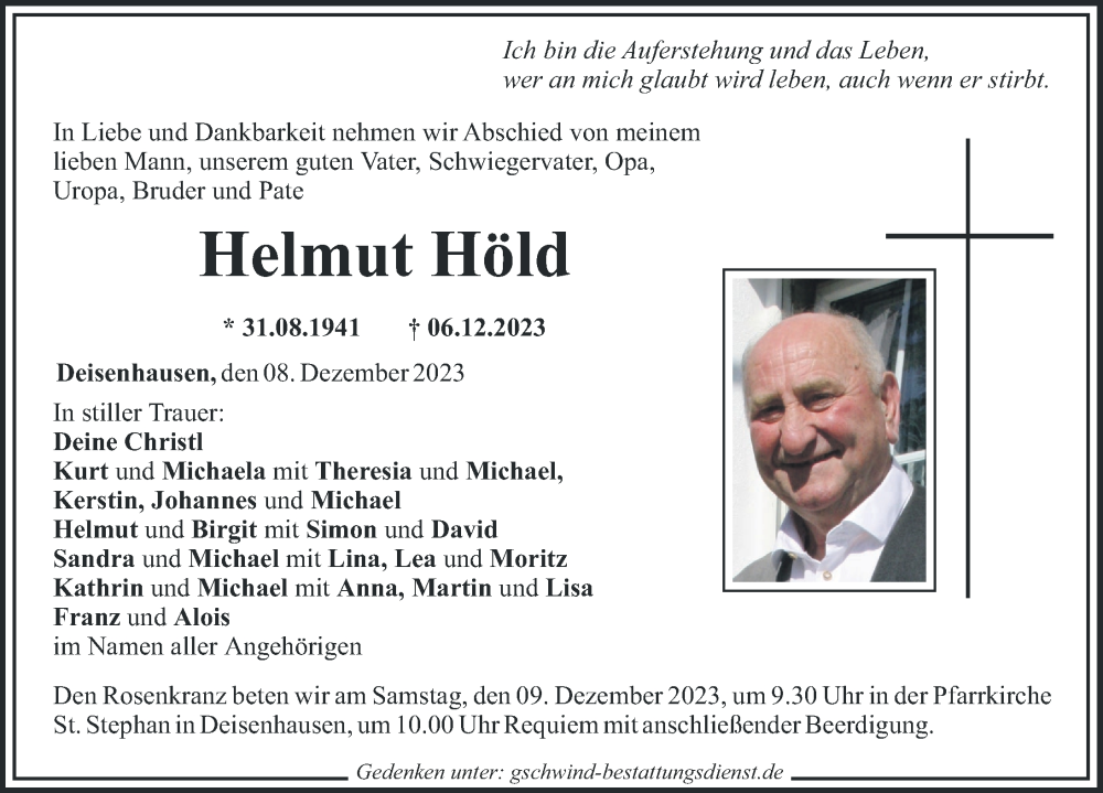 Traueranzeige für Helmut Höld vom 08.12.2023 aus Mittelschwäbische Nachrichten