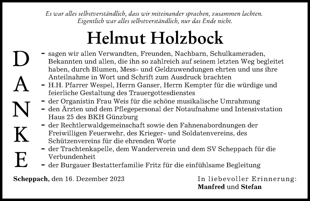 Traueranzeige für Helmut Holzbock vom 16.12.2023 aus Günzburger Zeitung