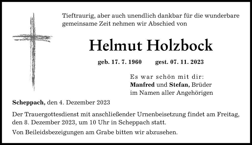  Traueranzeige für Helmut Holzbock vom 04.12.2023 aus Günzburger Zeitung