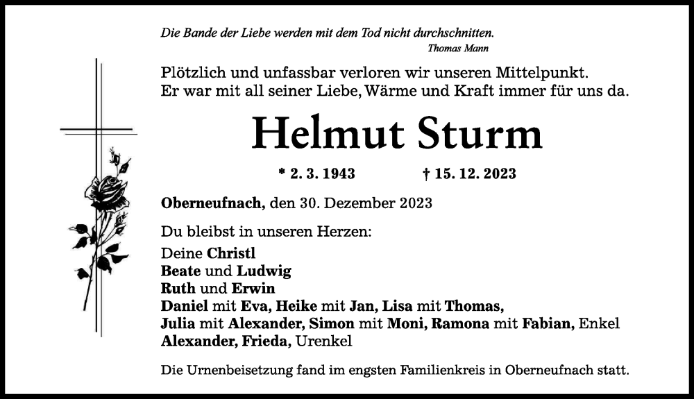 Traueranzeige von Helmut Sturm von Mindelheimer Zeitung