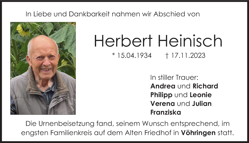  Traueranzeige für Herbert Heinisch vom 08.12.2023 aus Illertisser Zeitung