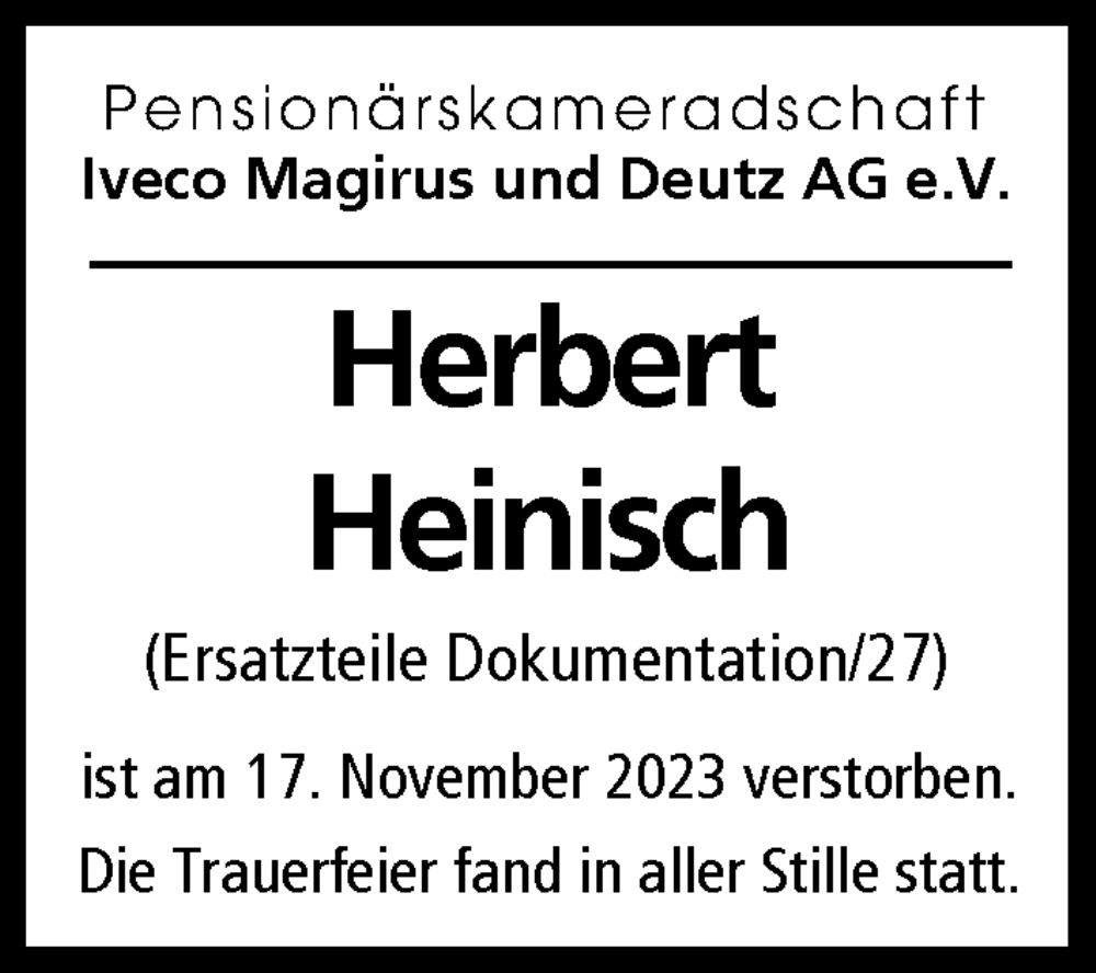  Traueranzeige für Herbert Heinisch vom 22.12.2023 aus Illertisser Zeitung, Günzburger Zeitung, Neu-Ulmer Zeitung