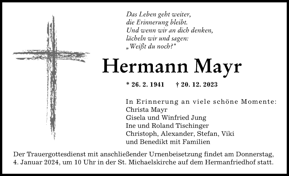 Traueranzeige von Hermann Mayr von Augsburger Allgemeine