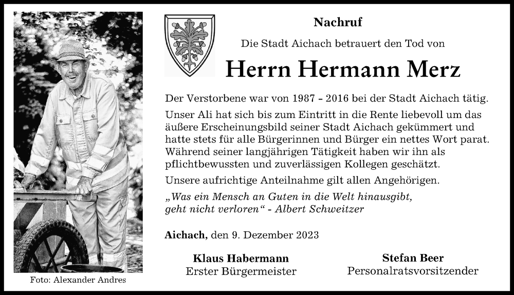  Traueranzeige für Hermann Merz vom 09.12.2023 aus Aichacher Nachrichten