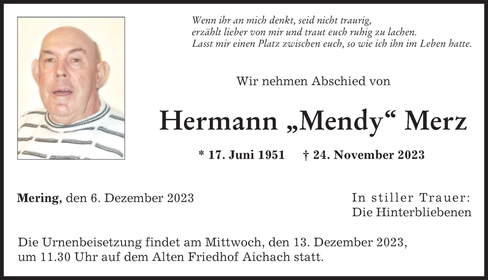  Traueranzeige für Hermann Merz vom 06.12.2023 aus Friedberger Allgemeine, Aichacher Nachrichten