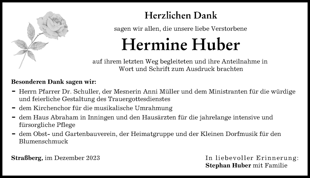 Traueranzeige von Hermine Huber von Schwabmünchner Allgemeine